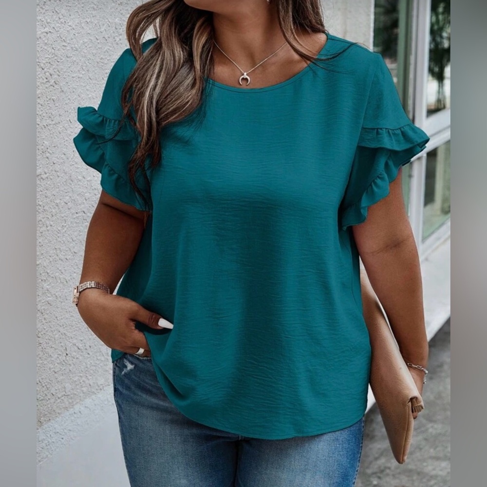 SHEIN/EMERY ROSE | 14 (1XL) | Teal | Petal Sleeve Top With Ruffle Hem